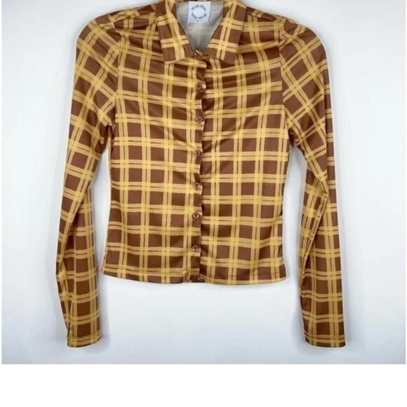 With Jean Bobbie Shirt Cher Plaid Print Brown Yellow Button Down Long Sleeve - Picture 2 of 3